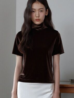 Vintage CACHÉ Brown Velvet Mock Neck Top Large Made in USA Y2K Retro 90s